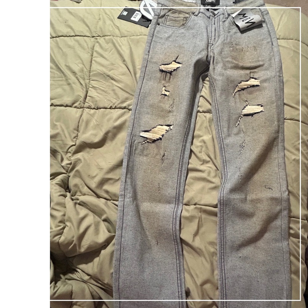 ANOM Mens Slim Fit Distressed Jeans Light Wash Brown Tint ANM187SF Size 29 NEW